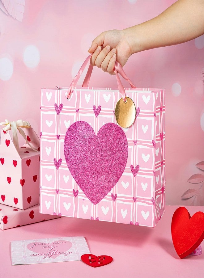 LeZakaa 13" Pink Heart Valentine Gift Bag, Glitter Heart Design for Women Girls, with 2 Pink Tissue Papers, Gift Tag & Greeting Card, for Classroom Valentine Exchange Gifts, 13" x 10" x 5", 1 Pcs - Image 4